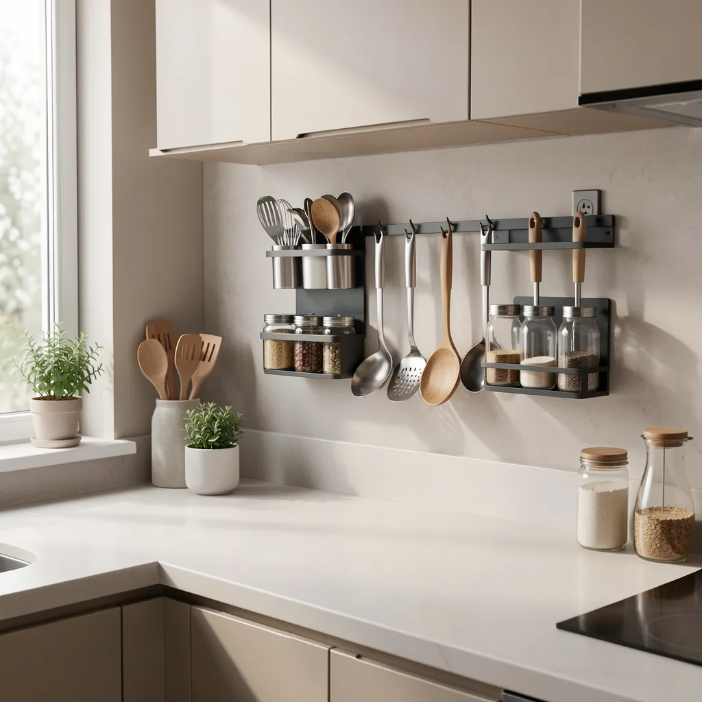 Magnetic knife strip with several knives above a counter