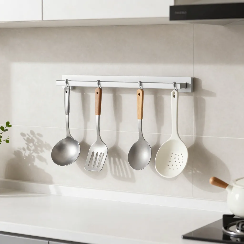 Compact rail with utensils neatly grouped above stove